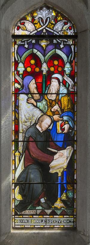 Faculty at this college collected funds to dedicate this stained glass window to their colleague, Boole. This wasn't the first or last campaign to preserve Boole's legacy.
